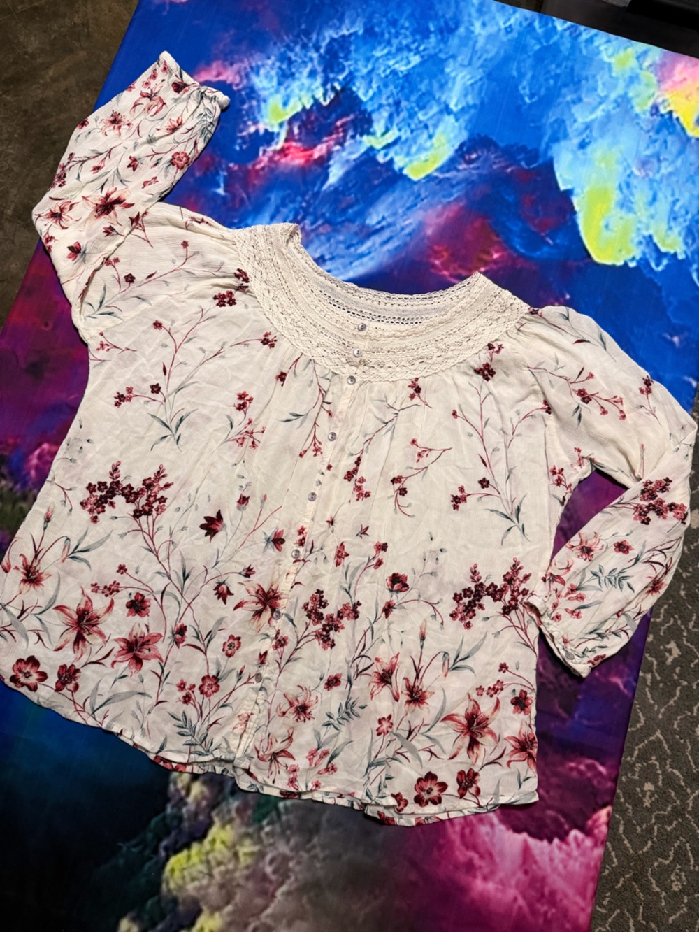 Cream Floral Lace-Yoke Blouse with Burgundy Details
